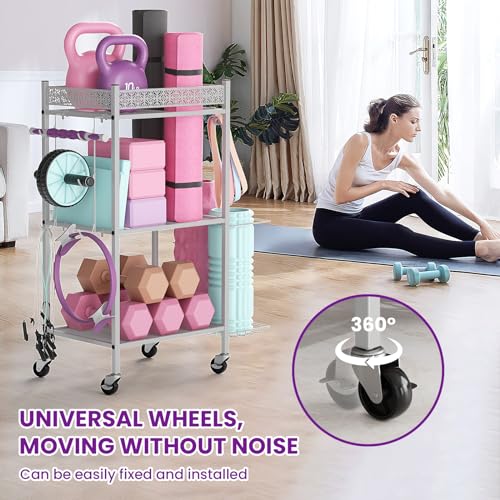 VOPEAK Home Gym Storage Rack, 3-Tier Yoga Mat Storage with Wheels & Hooks - color: GRAY