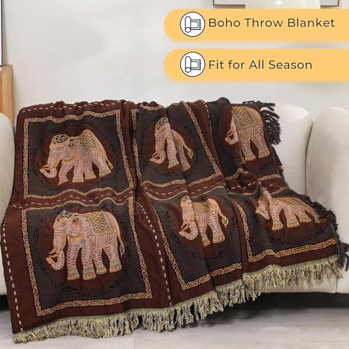 Elephant Pattern Cotton Boho Throw Blanket for Bed with Tassels 90"×98" - color: Brown Elephant, size: 90"x98"