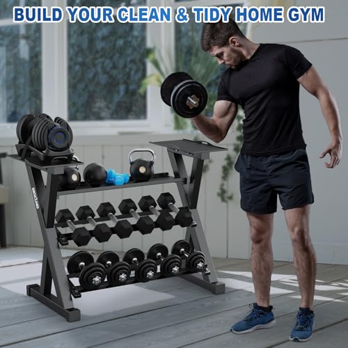 BEKING 3 Tier Dumbbell Rack,1000LB Capacity Weight Storage Rack for Home Gym Fitness,Multifunctional Free Weight Organizer Stand for Dumbbells, Kettlebells,Compact Design Save Floor Space - color: 4-LEVEL