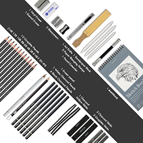 Brusarth Art Supplies Drawing and Sketching for Artists, 42 Pack | Art Sketch Supplies with Sketchbook, Include Graphite Pencil,Charcoal Pencil,Sharpener,Eraser Art Supplies for Artists
