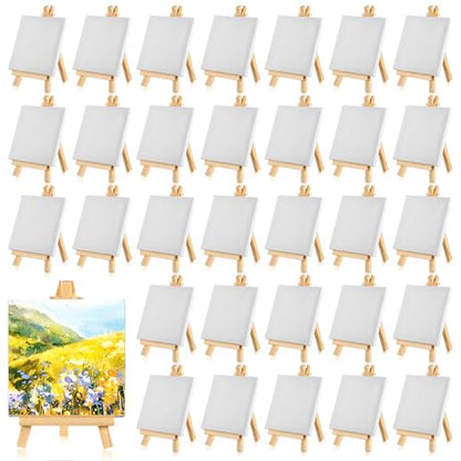 32 Pcs Mini Canvas with Easel Sets, 4 x 4 Inch Mini Square Canvases for Painting Small Blank Art Canvas with Wooden Easels for Acrylic Painting, Oil Paint for Adults, Kids, Crafts