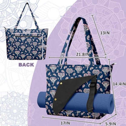 Yoga Bag for Women, Large Canvas Yoga Mat Tote Bag with Yoga Mat Carrier | Large Mat Pocket Fitness Tote for Pilates, Gym, Travel, Office & Beach - color: Blue Elephant