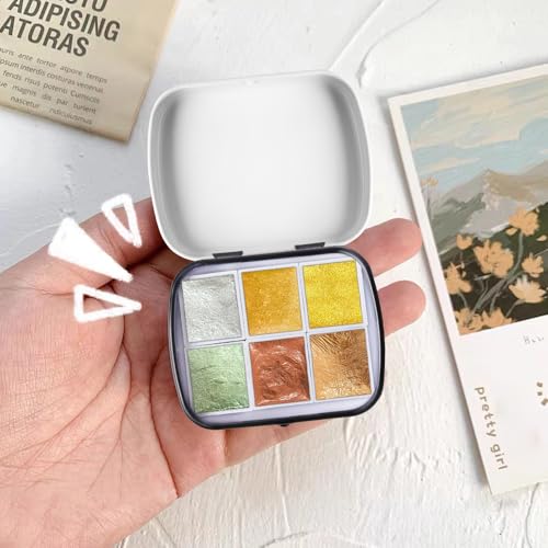 Art Supplies Handmade Watercolor Paint Set - 6 Metallic Gold Colors Half Pans Glitter Solid Water Color- Metal Case Sparkle Pearlescent Watercolour for Artists,White - color: Solid Pigments-white