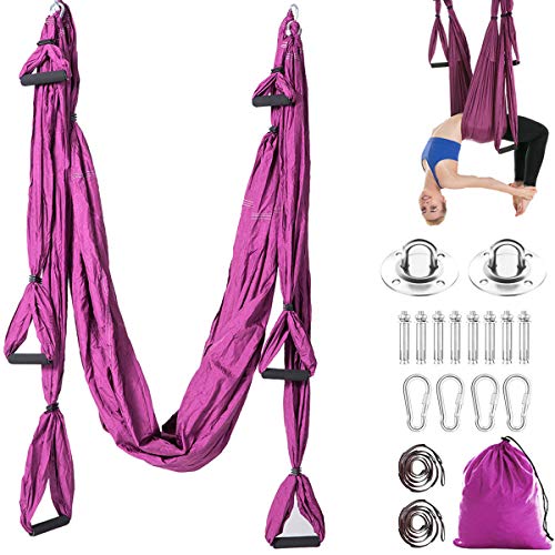 Aerial Trapeze Yoga Hammock Kit - Ultra Strong Antigravity Yoga Flying Sling Inversion Swing Tool Set - color: Deep Purple
