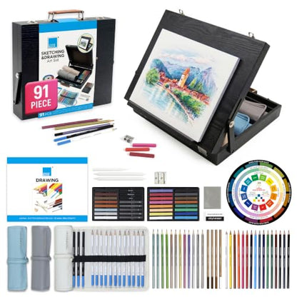 COLOUR BLOCK 91-PC Sketching & Drawing Set in Wooden Easel Case – All-in-One Mixed Media Art Supplies with Colored, Metallic, Charcoal & Pastel Pencils, Soft Pastels, Essential Tools and Drawing Pad