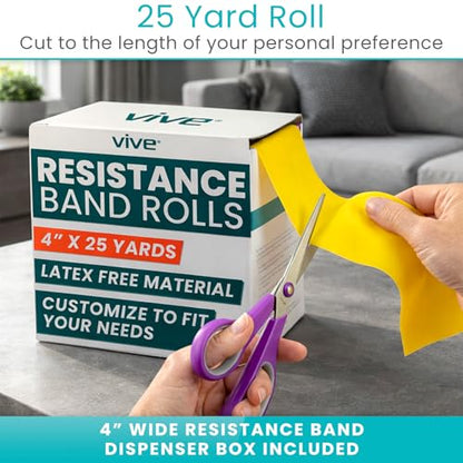 Vive Professional Resistance Bands - 25 Yard Non-Latex Roll for Physical Therapy, Lower and Upper Body Exercise Workout - Straight Elastic for Strength Training, Rehabilitation, Women, Men - color: Yellow