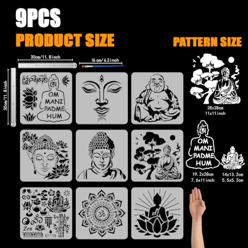 FINGERINSPIRE 9 Pcs Religious Pattern Stencils with a Brush 11.8x11.8Inch Buddha Painting Stencils Yoga Pattern Template PET Mandala Lotus Flower Template for Wood Wall Floor Tiles Furniture - style: Religious Mandala Buddha