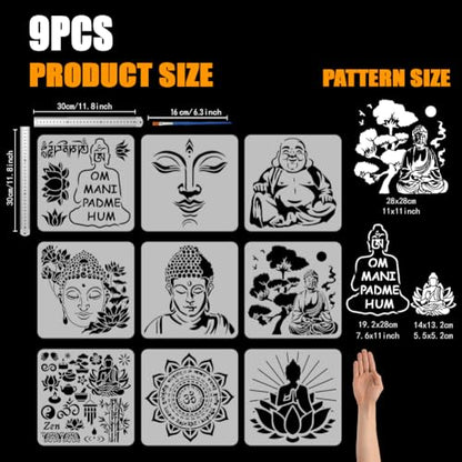 FINGERINSPIRE 9 Pcs Religious Pattern Stencils with a Brush 11.8x11.8Inch Buddha Painting Stencils Yoga Pattern Template PET Mandala Lotus Flower Template for Wood Wall Floor Tiles Furniture - style: Religious Mandala Buddha