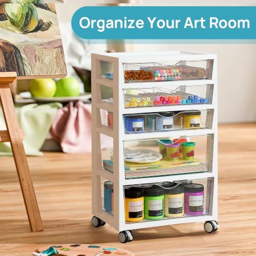 Vtopmart 5-Tier Plastic Drawer Storage Rolling Cart with Wheels | Clear Drawers with Multiple Sizes Keep Supplies visible. Sturdy for Under Desk, Office, Makeup , Crafts & Art Storage - style: 5 Tier 5 Drawers