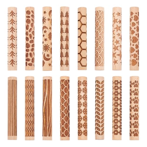 UNICRAFTALE 16Pcs 16 Styles Wooden Clay Texture Rollers Set for Pottery Ceramics Potters Stamp Roller Tools Modeling Pattern Rollers Kit 10.2cm Textured Rolling Pins for DIY Handmade Art Supplies