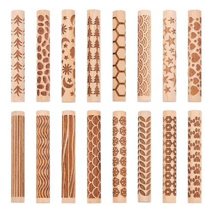 UNICRAFTALE 16Pcs 16 Styles Wooden Clay Texture Rollers Set for Pottery Ceramics Potters Stamp Roller Tools Modeling Pattern Rollers Kit 10.2cm Textured Rolling Pins for DIY Handmade Art Supplies