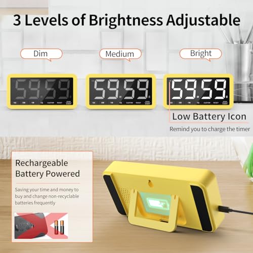 VOCOO Large 7.8" Digital Timer, Magnetic LED Timer for Kitchen & Classroom | USB-C Rechargeable, Up to 99 Hours Count Up & Countdown Timer with 3 Brightness Levels, 4 Alert Modes and 3 Volume Levels - color: Yellow