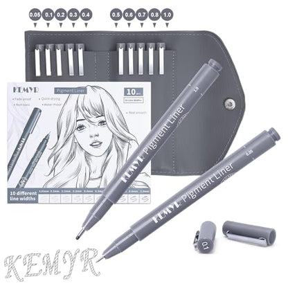 KEMYR 10 Sizes Gray Fineliner Micro Drawing Pens, Waterproof Pigment Ink | Archival Ink,AP Certified,With Case,0.05-1.0mm, for Illustration,Journaling,Sketching,Manga,Drawing,Artists And Beginners - color: Grey Micro Pens 10 SIZES,0.05-1.0mm, style: 10 SI