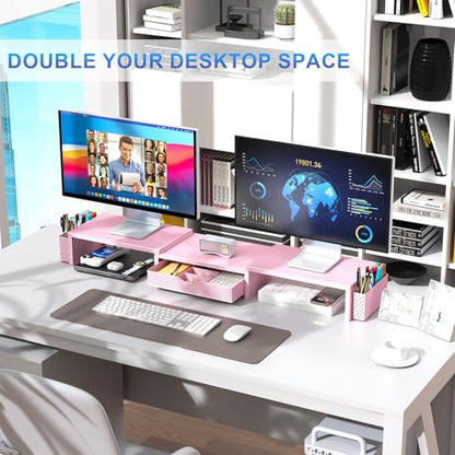 gianotter Dual Monitor Stand Riser With Drawer and 2 Pen Holders - color: Pink