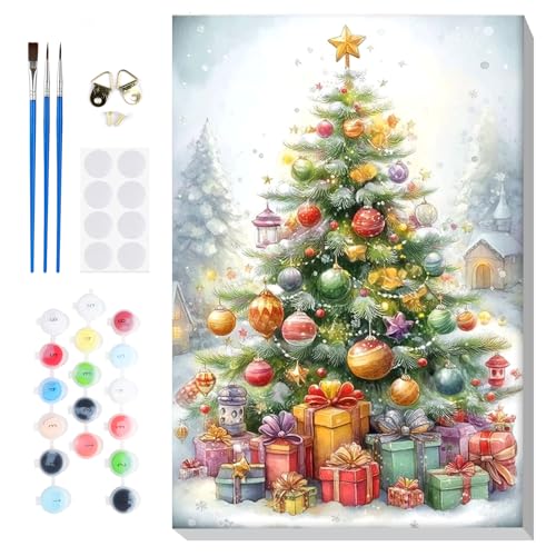 Bowetile Christmas Tree Paint by Numbers for Adults Beginners Framed, Adults' Paint-by-Number Christmas Kits on Canvas, Acrylic Number Painting Christmas Gifts for Home Decor, 8x12in - color: Christmas Tree-01