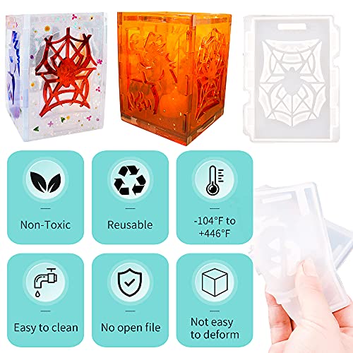 Christmas Halloween Lantern Resin Mold Set, Halloween Silicone Epoxy Molds | 3D Candle Holder Casting Molds with Ghost Pumpkin Witch Spider Pattern, DIY Holiday Home Decoration Resin Crafts Gift