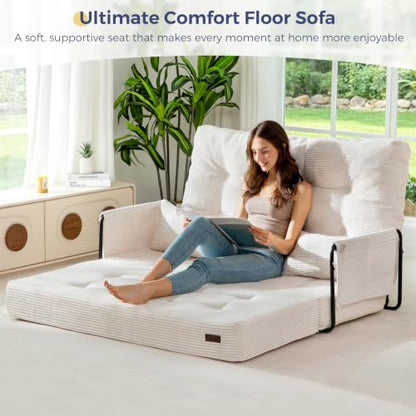 MAXYOYO Adjustable Folding Sofa Bed Couch with 2 Pillows, Beige | Multi-Functional Bean Bag Bed, 5-Position Foldable Lazy Floor Sofa Bed with Armrest, Versatile Floor Seating for Reading - color: Beige