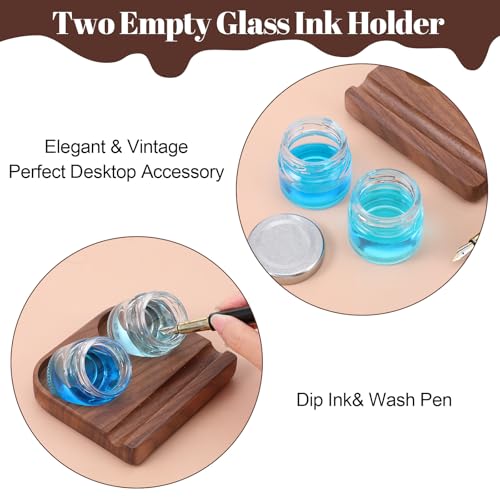Wooden Tilting Inkwell with Two Glass Bottles, Kakimori Dip Pen Holder & Fountain Pen Stand Set for Calligraphy Writing Desk Organization (4.25"x3.86")