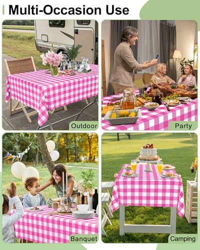 Smiry 8 Packs Gingham Disposable Table Cloth, 54 x 108 Inch Waterproof Plastic Tablecloth, Rectangle Hot Pink and White Checkered Table Covers for Party, Birthday, Picnic, Banquet - color: Hot Pink and White, size: 54"x108" (Pack of 8)