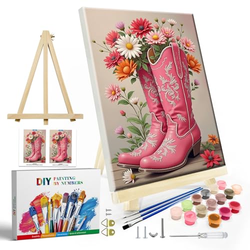 JOOZ Framed Paint by Numbers Kit for Adults, Pink Cowboy Boots Paint by Number with Easel, DIY Flowers Oil Painting by Numbers, Adult Paint by Number Kits Framed Canvas for Home Wall Decor 8x12 Inch - color: Pink Cowboy Boots 283