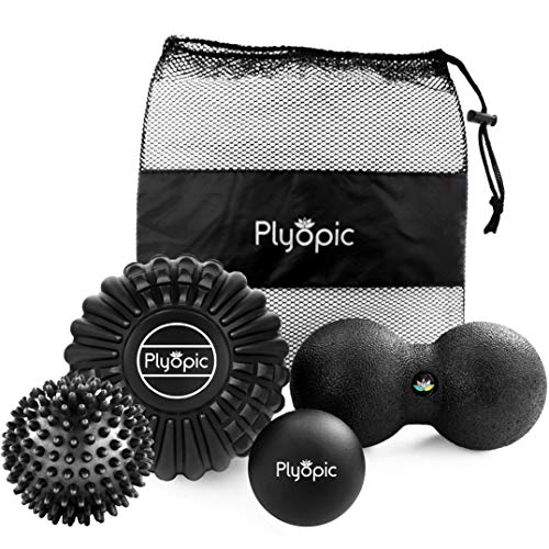 Plyopic Deep Tissue Massage Ball Set – Set of 4: Lacrosse, Spiky, Peanut and 5” Foam Roller Massager Balls for Muscle Massage, Mobility, Trigger Points and Myofascial Release