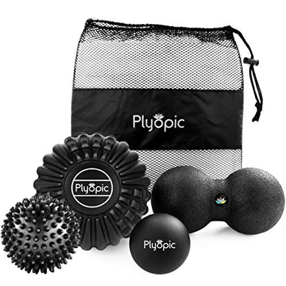 Plyopic Deep Tissue Massage Ball Set – Set of 4: Lacrosse, Spiky, Peanut and 5” Foam Roller Massager Balls for Muscle Massage, Mobility, Trigger Points and Myofascial Release