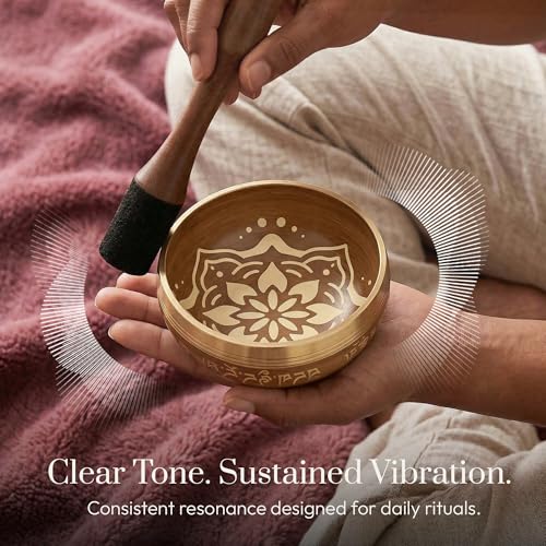 Silent Mind Tibetan Singing Bowl Set – Easy to Play & Beginner Friendly Meditation Bowl with Cushion, Mallet & Case | Stress Relief & Mindfulness | Gift-Ready - color: Matte Gold, size: With Case