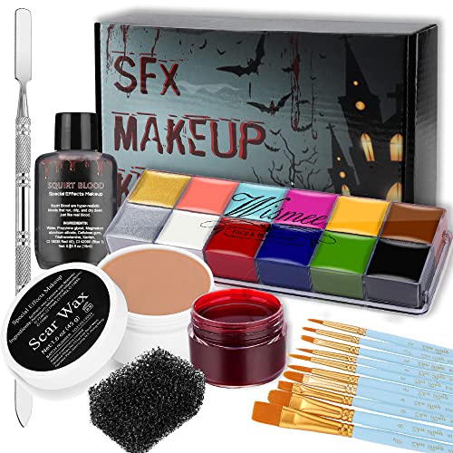 SFX Makeup Kit Professional Face Body Paint Halloween Cosplay Makeup Set | Special Effects Makeup Set with Scar Wax,Face Paint Brushes,Spatula Tool,Fake Scab Blood,Stipple Sponge Face Palette - color: Dark tone