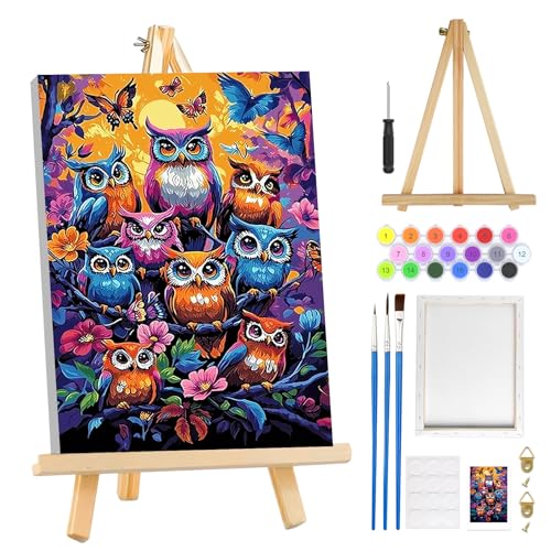 MOGTAA Owl Paint by Numbers Kit for Adults Beginners with Frame, Flowers Adult Paint by Number Kits on Canvas with Easel, Easy DIY Animal Oil Painting Kits for Home Decor, 8x12in - color: Owl Flowers