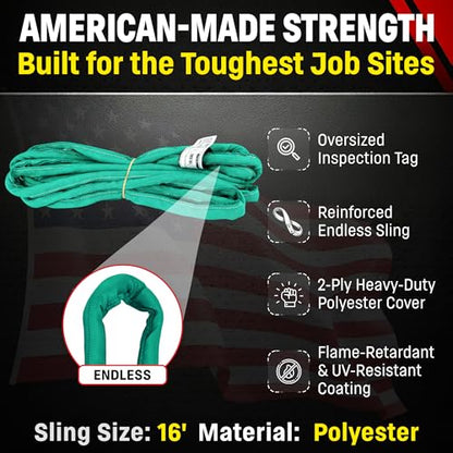 Chenango Supply VR2 16ft Green Endless Round Polyester Rigging Sling | USA Made, Double-Ply Cover, for Lifting & Material Handling, Capacity: 5,300 lb Vertical, 4,240 lb Choker, 10,600 lb Basket - size: 16 ft