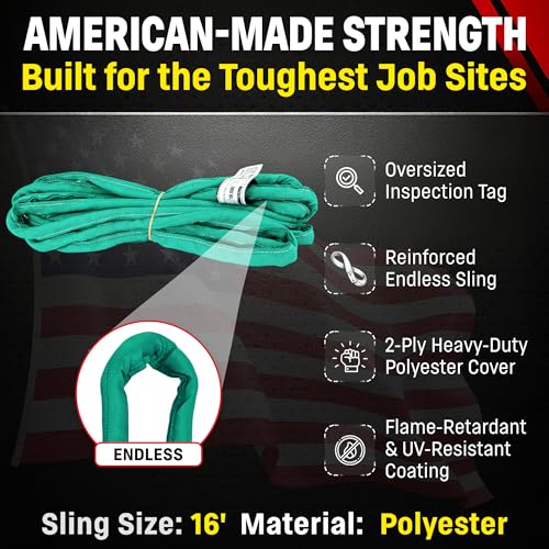 Chenango Supply VR2 16ft Green Endless Round Polyester Rigging Sling | USA Made, Double-Ply Cover, for Lifting & Material Handling, Capacity: 5,300 lb Vertical, 4,240 lb Choker, 10,600 lb Basket - size: 16 ft
