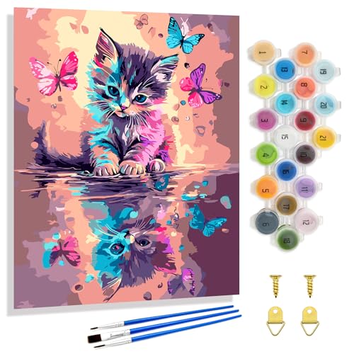 Yunnuo Paint by Numbers Kit for Adults,Cat Paint by Number Canvas,Butterfly Painting by Numbers for Beginners,Paint with Numbers for Great Gift and Wall Decoration 16’ W x 20’L - color: A-008-Butterfly Cat