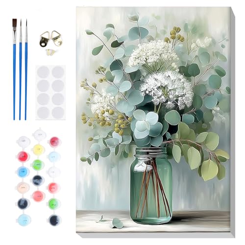 Bowetile Framed Paint by Numbers Flower Kit for Adults, Adults' Paint-by-Number Kits on Canvas, Painting by Numbers Eucalyptus Floral, Acrylic Number Painting Gifts for Home Wall Decor, 8x12in - color: Flower, Vase