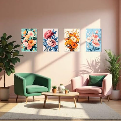 obterie 4 Pack Framed Paint by Numbers Kit for Adults Beginner Canvas Painting by Numbers for Adults Flowers Easy Adult Paint by Number Kits with Frame Flower Watercolor Painting by Number 8x12 Inch - color: YFb0104