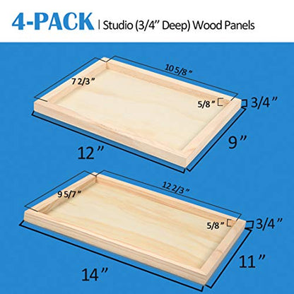 Falling in Art 4 Pack 11x14 & 9x12 Unfinished Birch Wood Canvas Panels Kit | Studio 3/4’’ Deep Cradle Boards for Painting, Pouring, Burning, Crafts, Epoxy Resin, Laser Engraving Cutting - size: 9*12 11*14 2-Pack