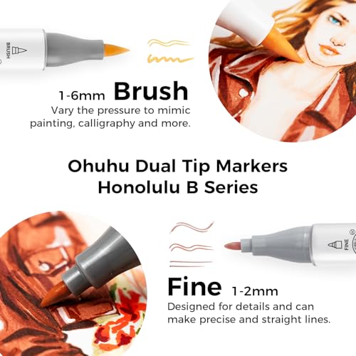 Ohuhu Alcohol Markers 24 Skin Colors Brush& Fine for Portrait Refillable | AP Certified Art Marker, Dual Tips Alcohol-based for Artist Beginner Adult Coloring Drawing Illustration Shading, Honolulu B - style: Fine & Brush