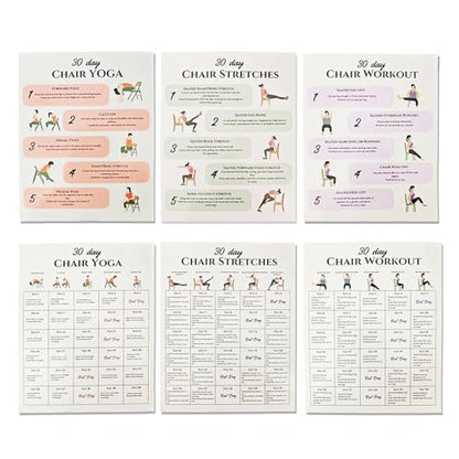 Tai Chi Chair Workout Chart, 6 Laminated Tai Chi Exercise Chart Poster Set for Beginners and Seniors, Chair Yoga Chart Illustrated Seated Moves for Balance, Mobility, 30-Day Challenge