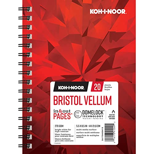 Koh-I-Noor 5.5" x 8.5" Bristol Vellum Bright White Paper Pad with In and Out Pages, 270 GSM, Side Wire-Bound, 20 Sheets per Pad (26170400413) - color: Vellum Bright White, size: 5.5 x 8.5 Inches