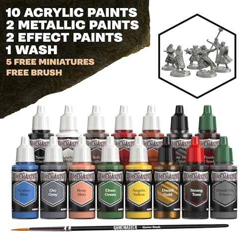 The Army Painter, GameMaster Adventure Starter Set, 15 x 18 ml | 15 x 18ml Warpaints Fanatic Acrylic paints, incl. a Brush-On Primer, 5 FREE Miniatures & 1 Brush - For Warhammer & Dnd - color: Adventure Starter Paint Set