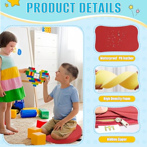 8 PCS 16 Inch Round Floor Pillows with Handles | Waterproof Synthetic Leather Flexible Seating Cushions | 16''x16''x2'' Thick Floor Cushions for Classroom, Home, Yoga & Meditation - color: Red, Yellow, Beige, Light Gray, Purple, Blue, Dark Brown, Black, s