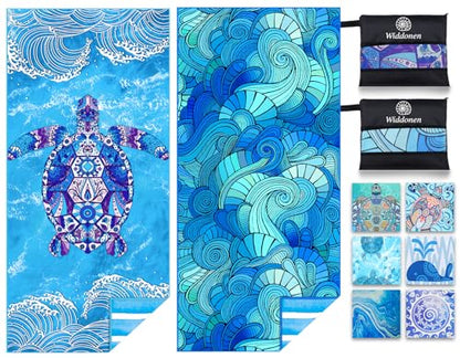 Widdonen Microfiber Beach Towel,Compact 2 Pack-71x32 Inch with Bag Travel - color: 2 Pack Turtle Blue Leaves Mo