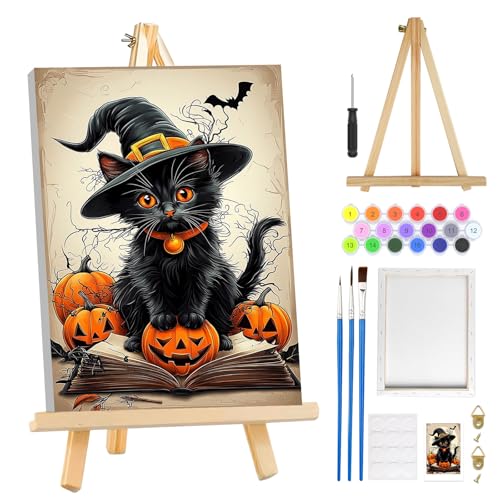 MOGTAA Halloween Paint by Numbers Kit for Adults Beginners with Frame, Black Cat Adult Paint by Number Kits on Canvas with Easel, Easy DIY Oil Painting Kits for Home Decor, 8x12in - color: Cat