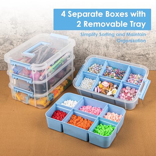 CraftGenes Art Supply Storage Organizer, 4-Tier 10 Qt Box, 2 Trays, Blue | Clear Compartments; Dual Removable Inserts; Carry Handle; Side Latches; Markers, Crayons, Brushes, Beads, Drawing Tools - color: Blue