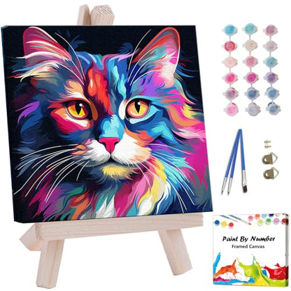 Artunion Framed Paint by Numbers Kit for Adults Beginners & Kids Ages 8-12,Colorful Cat Paint by Number with Frame,Easy Acrylic Paint by Numbers Kit on Canvas 10 * 10 Inch Without Easel - color: ZXT-182-F