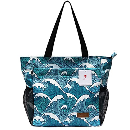 ESVAN Original Floral Tote Bag Large Shoulder Bag with Multi Pockets for Gym Travel Beach Daily Bags - color: A Wave