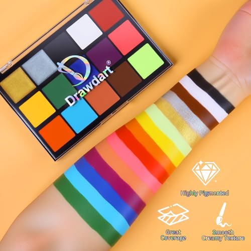 Drawdart Face Body Paint Kit, 15 Colors Palette with 10 Artist Brushes, Facepaint Makeup Kit for Soccer Tournaments & Game Day Fans, Halloween SFX Cosplay Costume Parties - color: 15 Colors
