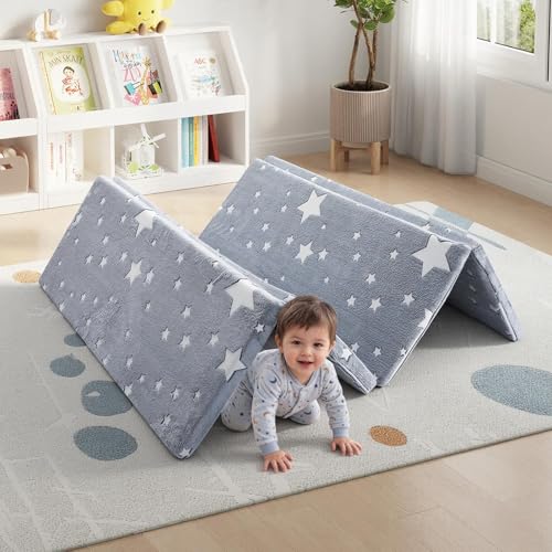 MeMoreCool Kids Floor Mattress, 48x72 Inch Foldable Play Mat, Grey Star - color: Grey Star
