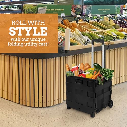 Inspired Living Collapsible Ultra-Slim Pack-N-Roll, 2 Wheel Utility Cart , With Telescopic Handle - Super Strong up to 80 Lbs Load Capacity, Black - color: Black, size: Large/ No Lid