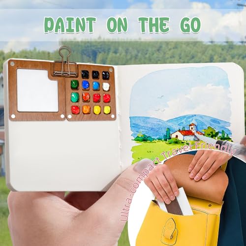 Mini Paint Palette Travel Kit, Portable Pocket Artist Water Color Travel Set with 24 Colours,Sketchbook,Clips,Pens,15 Grid Wooden Paint Box for Painters Artists (24 Colours)
