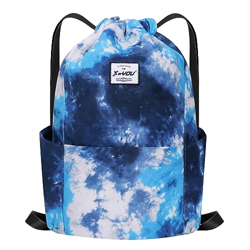 XEYOU Drawstring Backpack Bag Sport Gym Sackpack Beach Cinch Bag | Lightweight Swimming Bag, Water-Resistant Fabric, Travel Daypack for Women and Men - color: Gradient Blue White